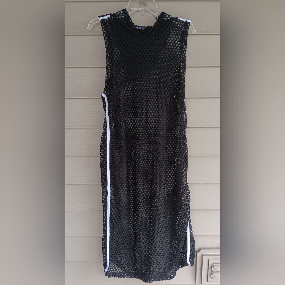 Rouge Collection Black Fishnet Cover Up Dress With Hood.  Size Medium